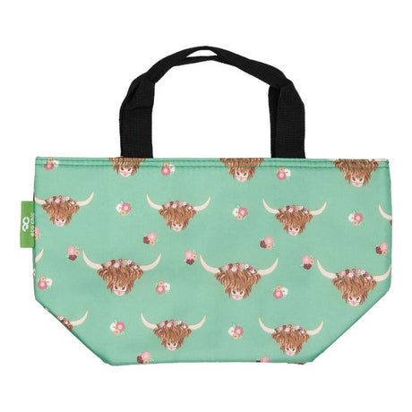 Eco Chic Lightweight Foldable Lunch Bag - Green Floral Highland Cow - Old Railway Line Garden Centre