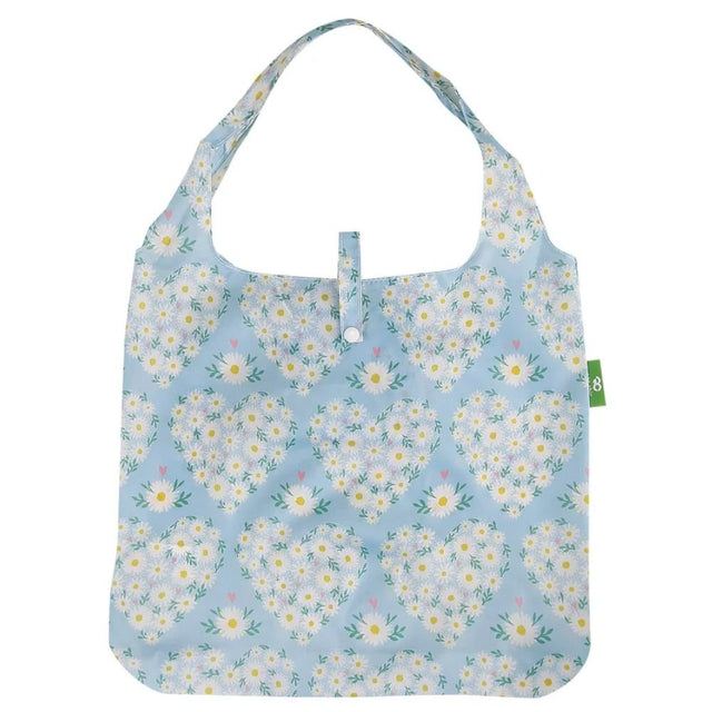 Eco Chic Lightweight Foldable Reusable Shopping Bag Daisy Hearts - Blue - Old Railway Line Garden Centre