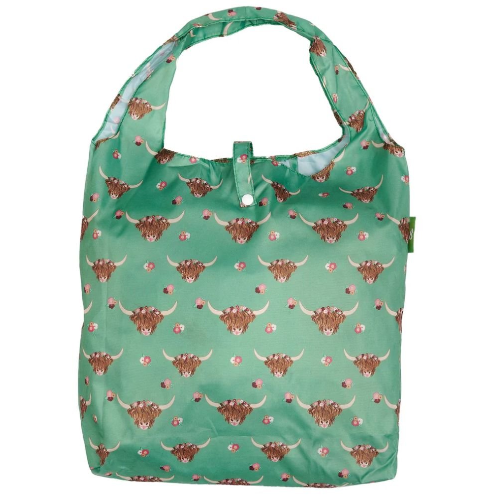 Eco Chic Lightweight Foldable Reusable Shopping Bag - Green Floral Highland Cow - Old Railway Line Garden Centre