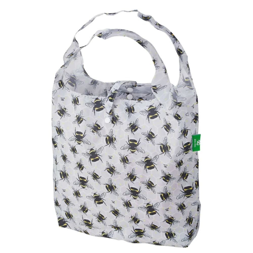 Eco Chic Lightweight Foldable Reusable Shopping Bag - Grey Bumble Bees - Old Railway Line Garden Centre