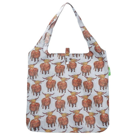 Eco Chic Lightweight Foldable Reusable Shopping Bag - Grey Highland Cow - Old Railway Line Garden Centre