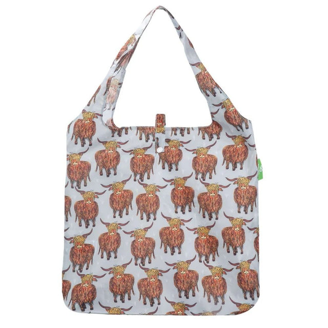 Eco Chic Lightweight Foldable Reusable Shopping Bag - Grey Highland Cow - Old Railway Line Garden Centre