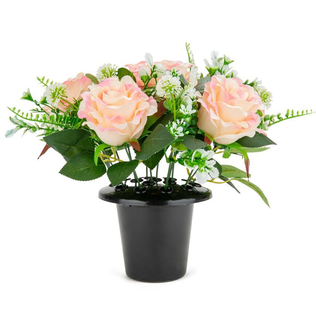 Eleganza Artificial Grave Pot Tea Roses and Mixed Foliage- Two Tone Pink - Old Railway Line Garden Centre