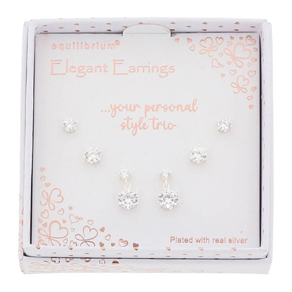 Equilibrium 3 Pairs Silver Plated Earrings Round Soliatire