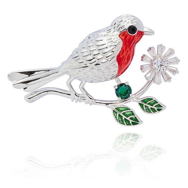 Equilibrium 5cm Robins Appear Flower Brooch - Silver - Old Railway Line Garden Centre