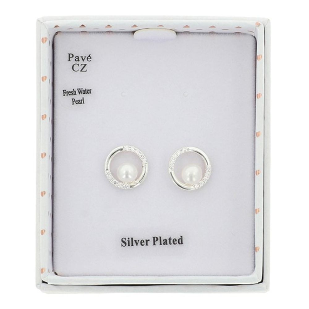 Equilibrium Elegant Freshwater Pearl Circle Silver Plated Earrings