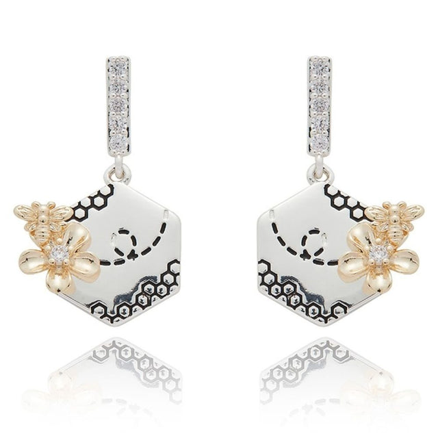 Equilibrium Honey Bee Honey Comb Two Tone Drop Earrings - Old Railway Line Garden Centre