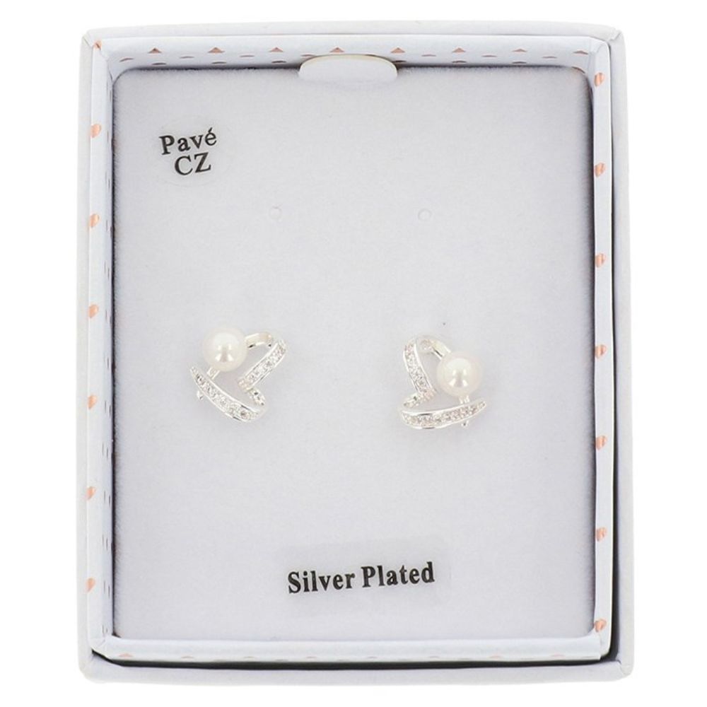 Equilibrium Pearl Crossover Heart Silver Plated Earrings