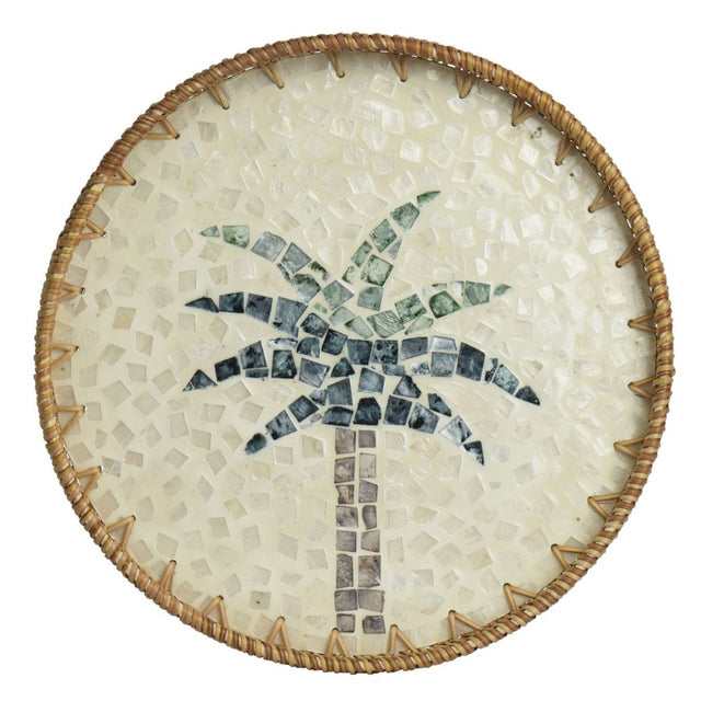 Everlands 34cm Round Rattan Tray with Milk Glue Palm Tree Pattern - Old Railway Line Garden Centre