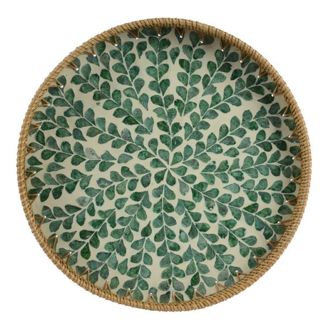 Everlands 38cm Round Rattan Tray with Leaf Pattern Milk Glue - Old Railway Line Garden Centre