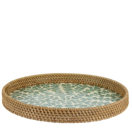 Everlands 38cm Round Rattan Tray with Leaf Pattern Milk Glue - Old Railway Line Garden Centre