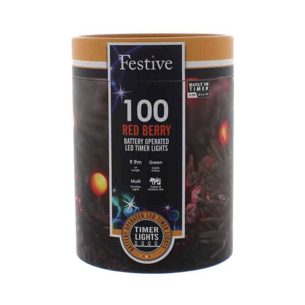 Festive 100 Red LED Battery Operated Berry String Lights (9.9m)