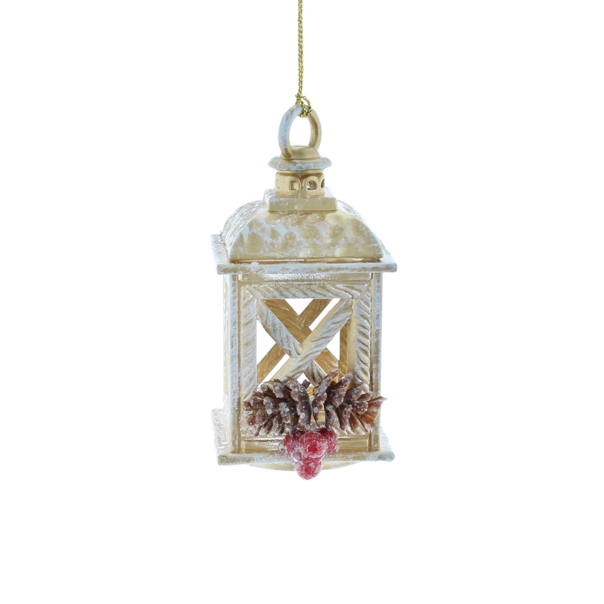 Festive 11cm Gold/White Wash Lantern with Pinecones Christmas Decoration