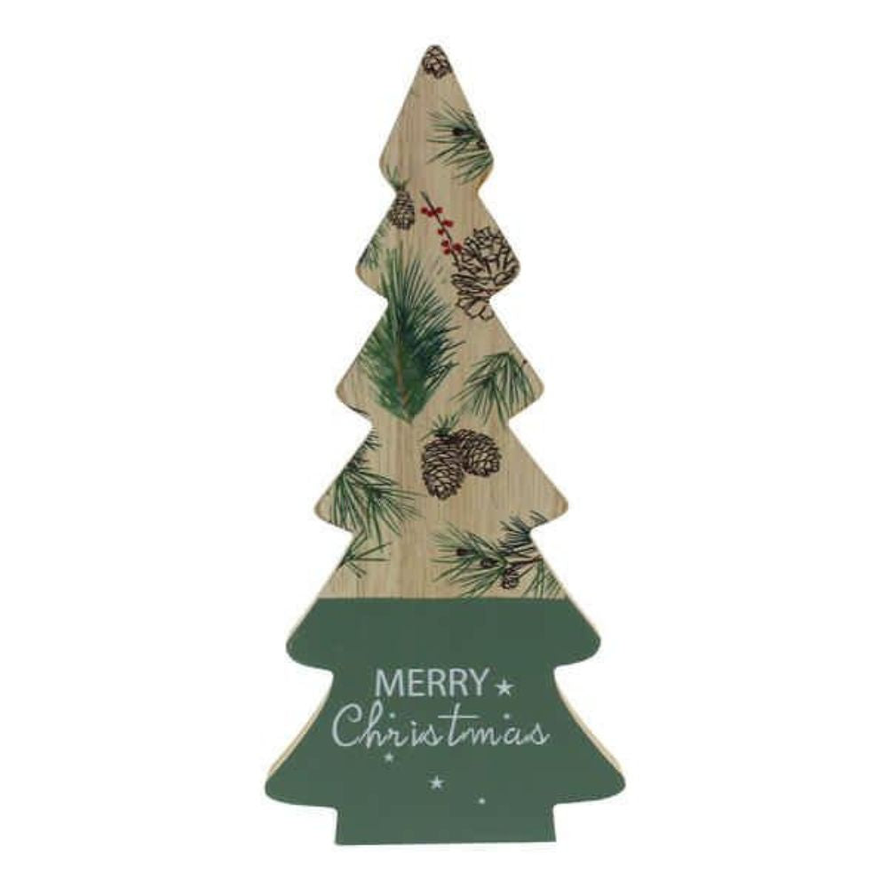 Festive 25cm Wooden Tree - Merry Christmas/Pinecones