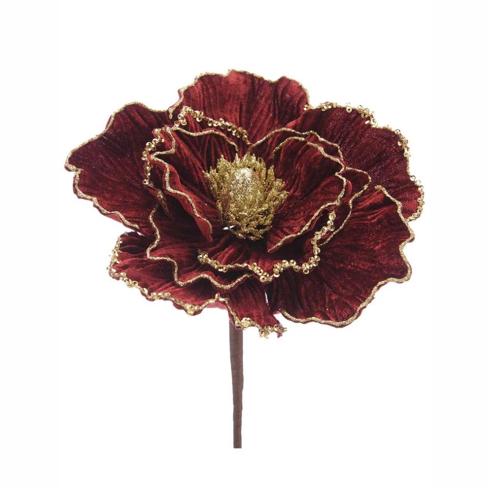 Festive 30cm Burgundy with Gold Glitter Rose Stem
