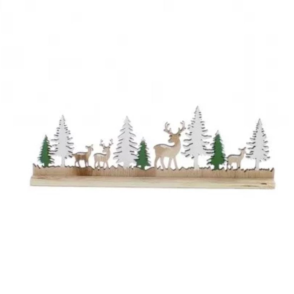 Festive 30cm Wooden Winter Scene with Reindeers