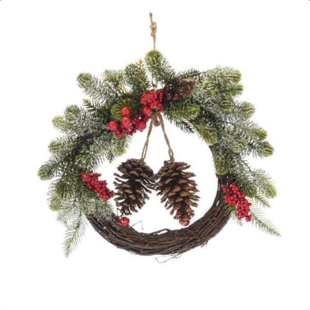 Festive 45cm Green Frosted Half Wreath with Berries