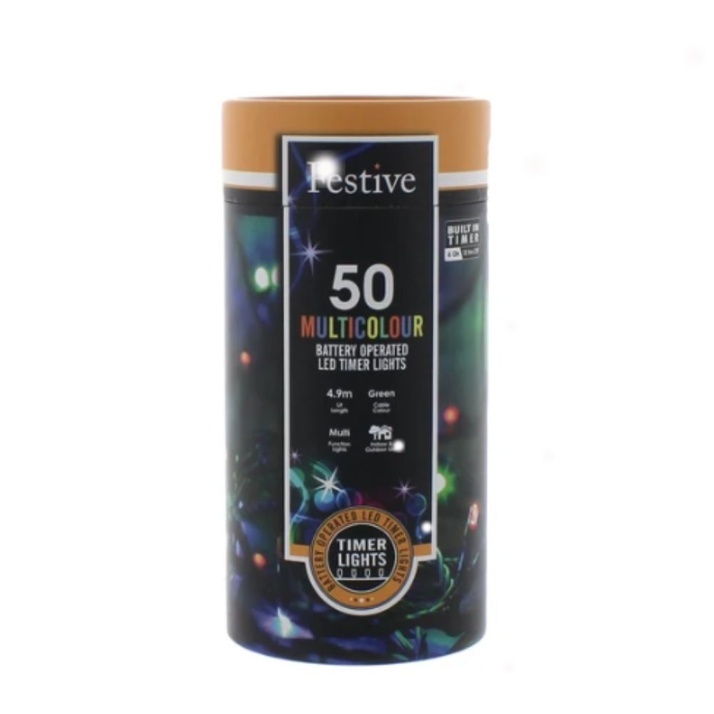 Festive 50 LED Battery Timer String Christmas String Lights - Multi Colour - P066445