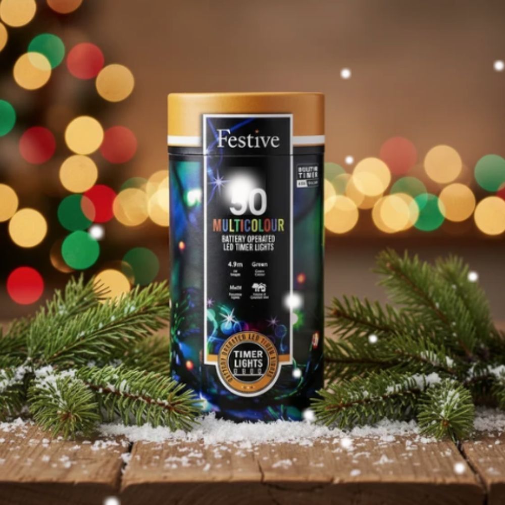 Festive 50 LED Battery Timer String Christmas String Lights - Multi Colour - P066445