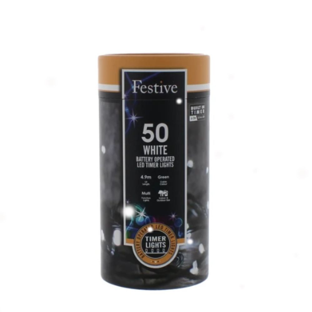 Festive 50 LED Battery Timer String Christmas String Lights - White - P066443