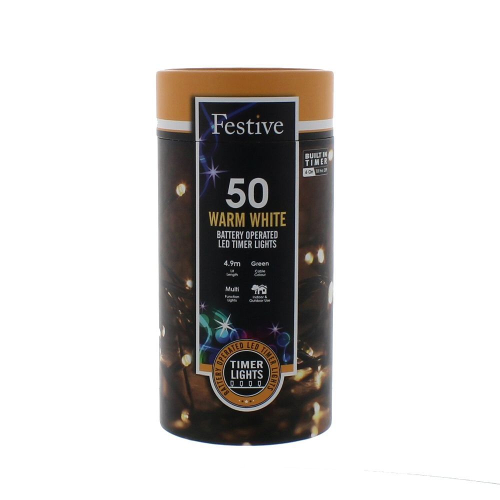 Festive 50 Warm White LED Battery Operated String Lights (4.9m)