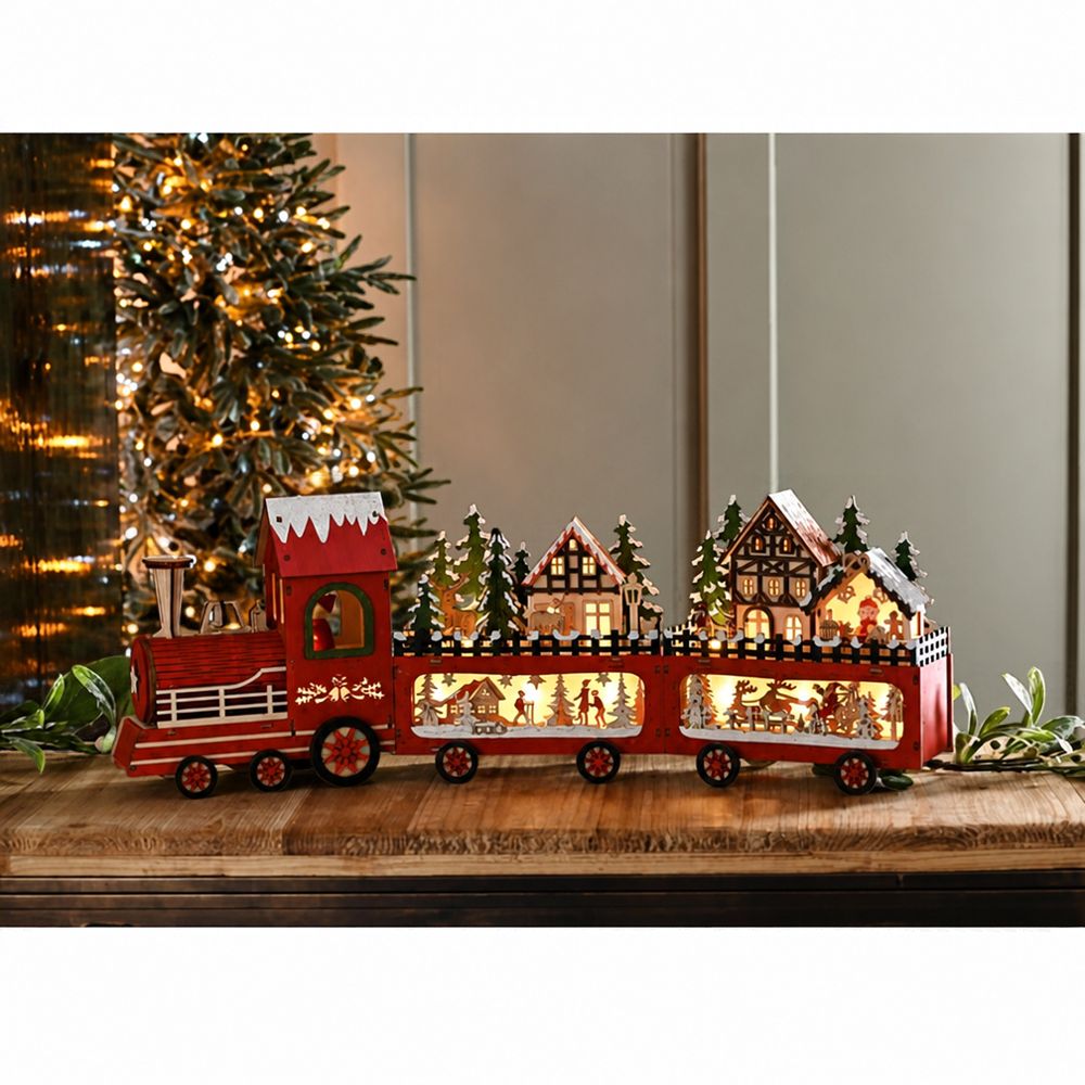 Festive 56cm Battery Operated Lit Wooden Train Scene