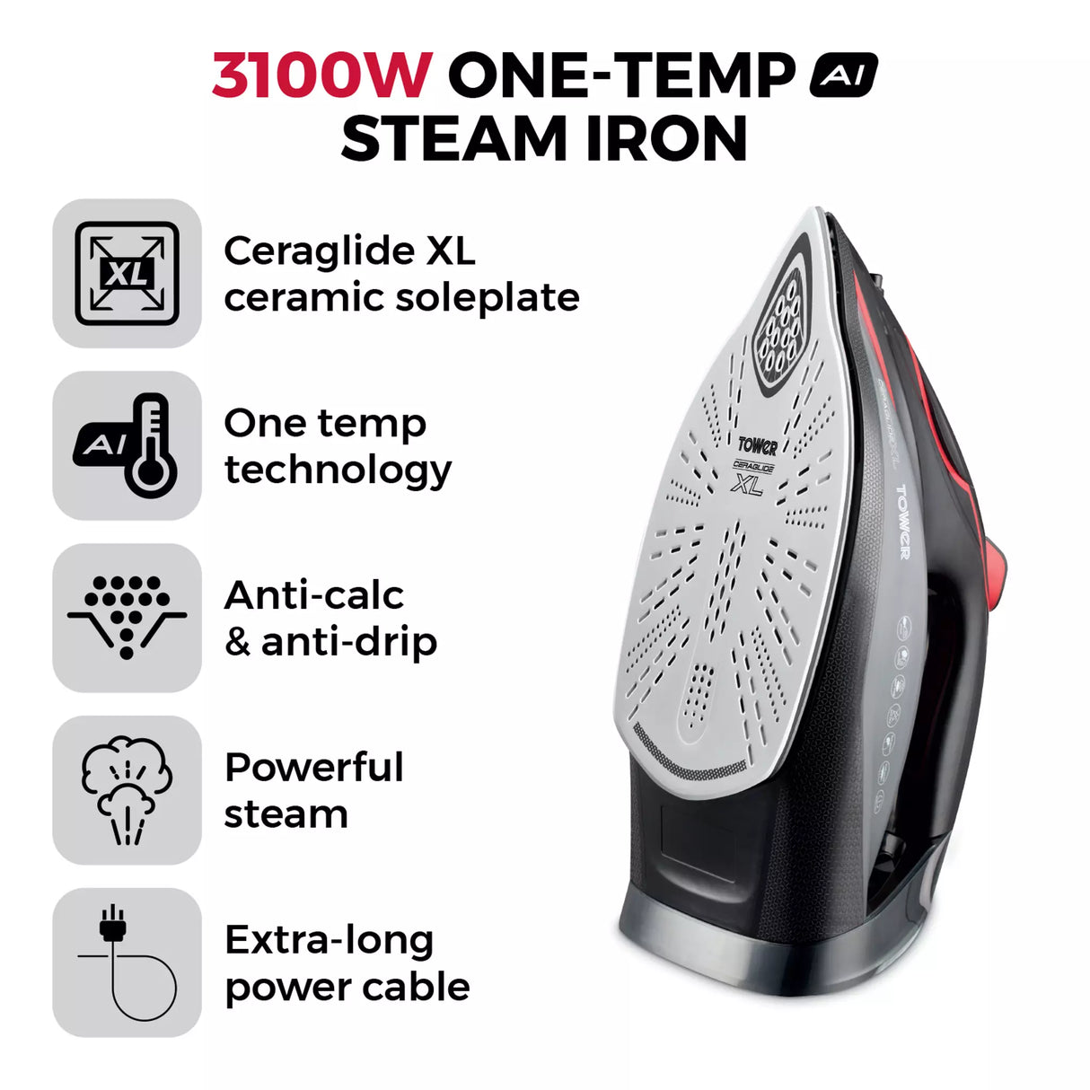 Tower 3100W One Temp Steam Iron - Black/Red