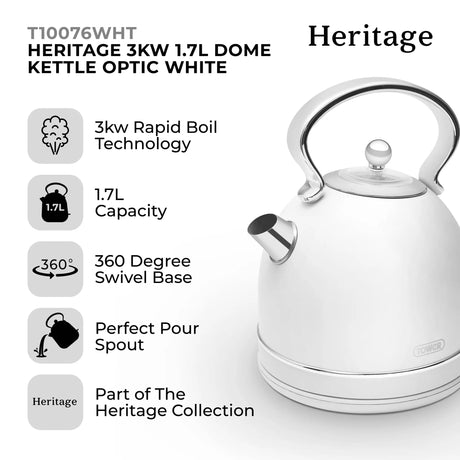Tower 1.7 Litre Heritage Traditional Kettle - White