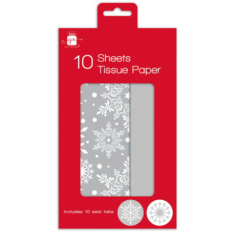 Red packaging of tissue paper with snowflake design, showing 10 sheets included.