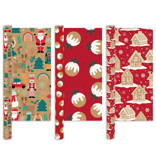 Set of Christmas-themed gift wrap with various patterns on a white background.