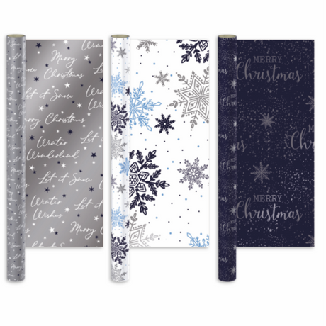 Set of Christmas-themed gift wrap with snowflakes and text on a white background