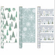 Set of Christmas-themed gift wrap with trees, snowflakes, and village designs.