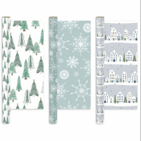 Set of Christmas-themed gift wrap with trees, snowflakes, and village designs.