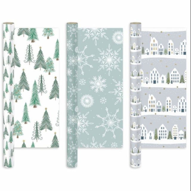 Set of Christmas-themed gift wrap with trees, snowflakes, and village designs.