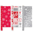 Collection of Christmas-themed wrapping paper with red and gray designs on a white background.