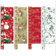 Collection of Christmas-themed gift wrap with Santa Claus, reindeer, and holly designs.
