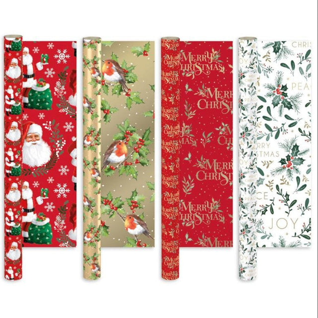 Collection of Christmas-themed gift wrap with Santa Claus, reindeer, and holly designs.