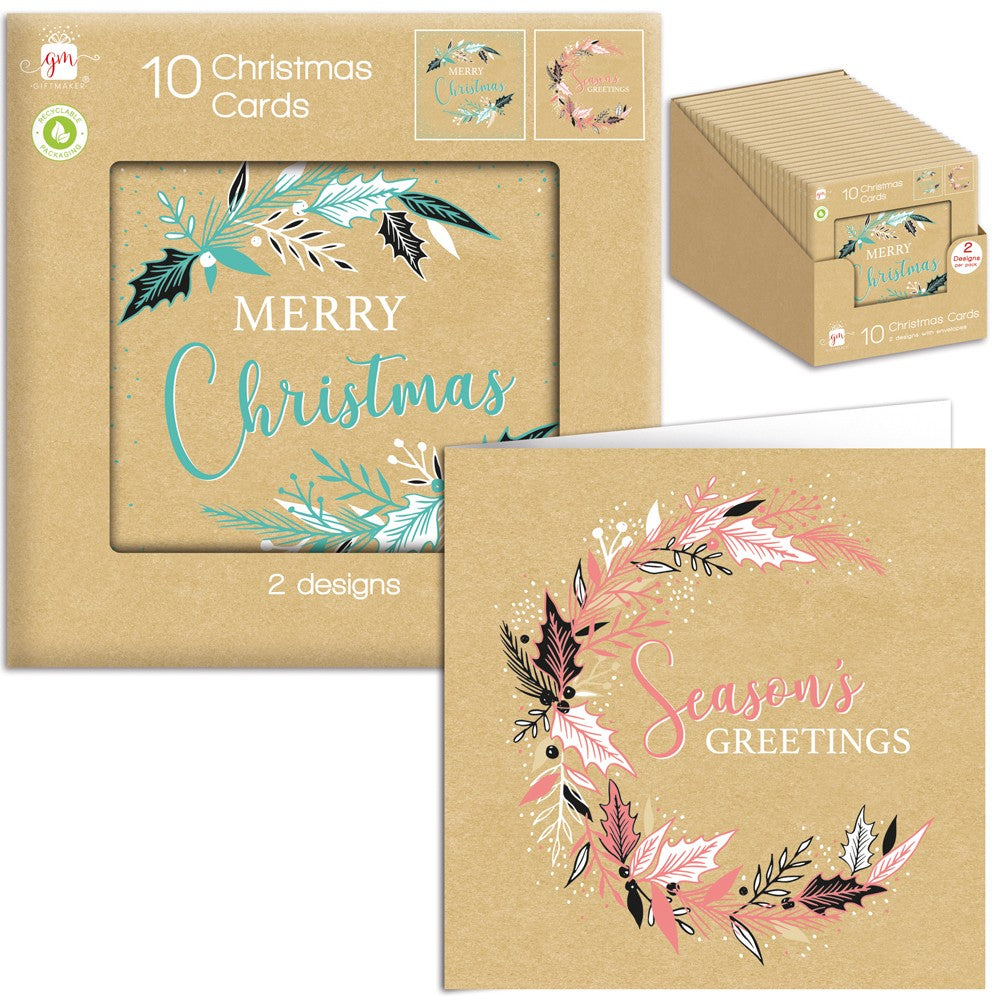 Giftmaker Festive Foliage Green/Red Christmas Cards - 2 Designs - Pack of 10