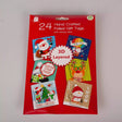 Pack of 24 handcrafted foiled gift tags with Christmas designs on a red background.