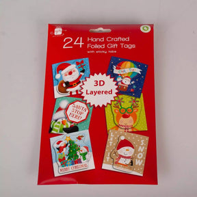Pack of 24 handcrafted foiled gift tags with Christmas designs on a red background.