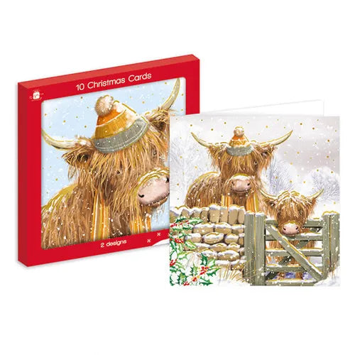 Giftmaker Square Highland Cow Christmas Cards - 2 Designs - Pack of 10