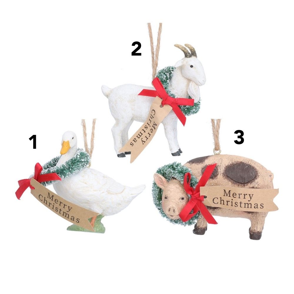 Gisela Graham 10cm Resin Farm Animals with Wreaths Hanging Decoration - (Choice of 3)