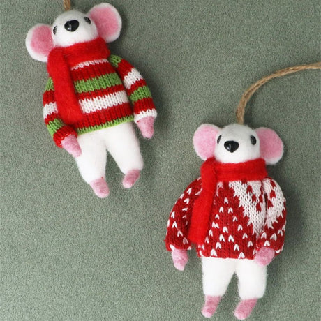 Gisela Graham 10cm Wool Mouse in Jumper Decoration - White - (Choice of 2)