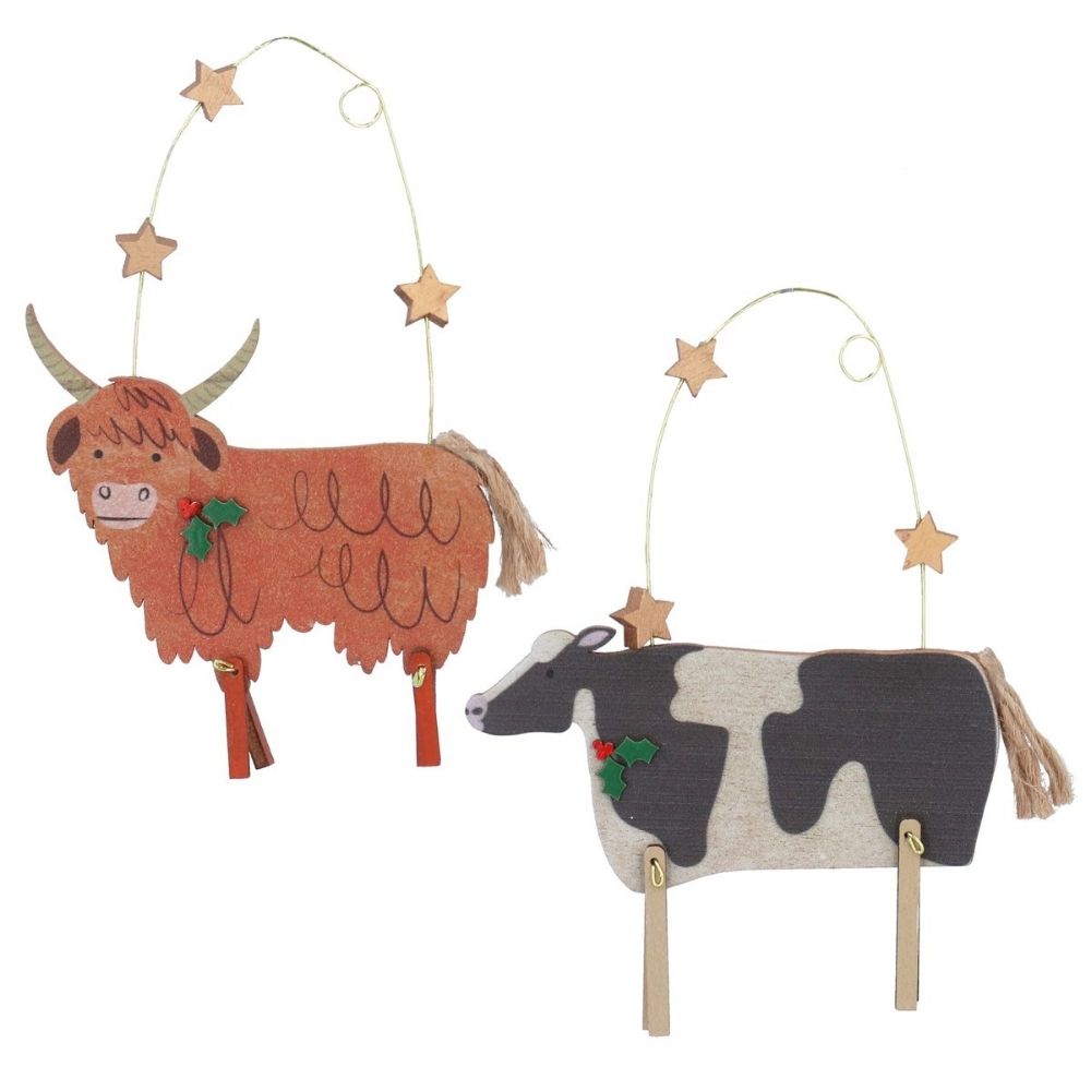 Gisela Graham 12cm Wooden Cows Hanging Decoration - (Choice of 2)