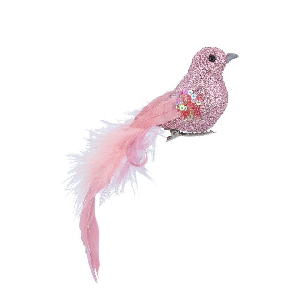 Gisela Graham 14cm Glitter & Feather Bird Clip Decoration - Pink