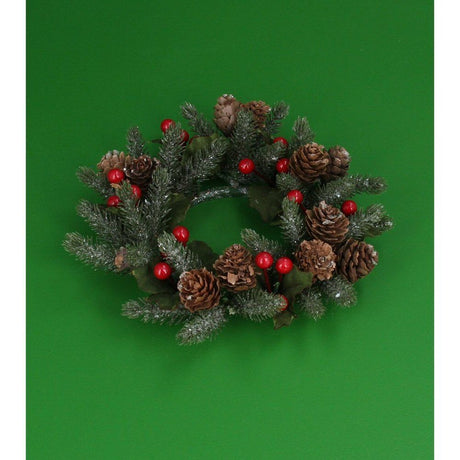 Gisela Graham 17cm Frosted Pinecone & Red Berry Candle Ring
