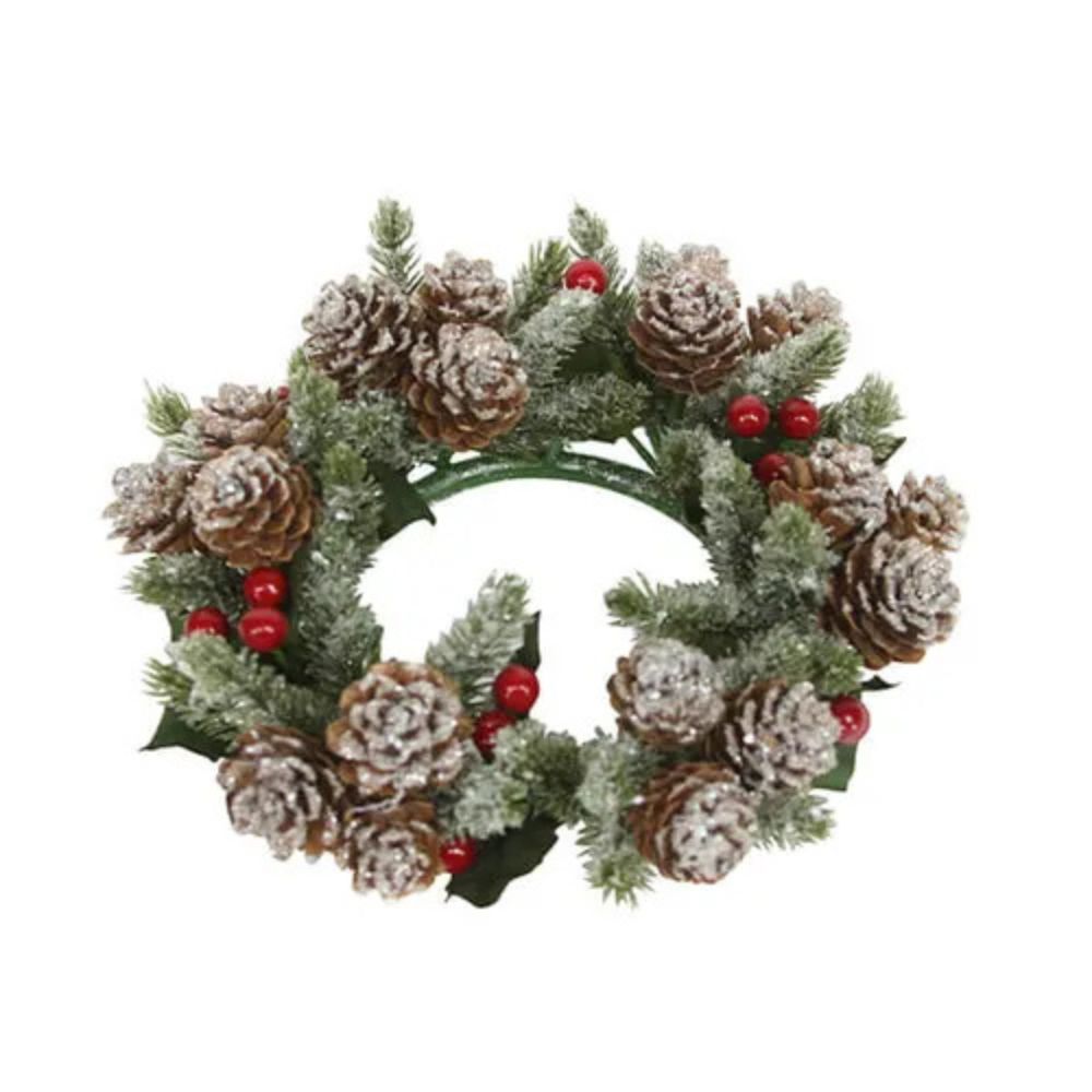 Gisela Graham 17cm Frosted Pinecone & Red Berry Candle Ring