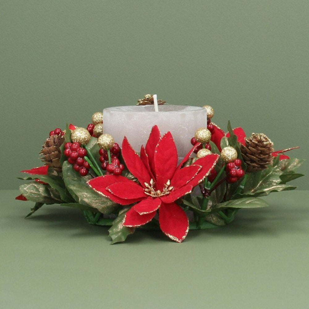 Gisela Graham 18cm Large Poinsettia, Leaf &amp; Berry Candle Ring