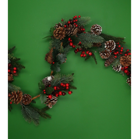 Gisela Graham 190cm Fir, Red Berries & Snowy Pinecones Garland