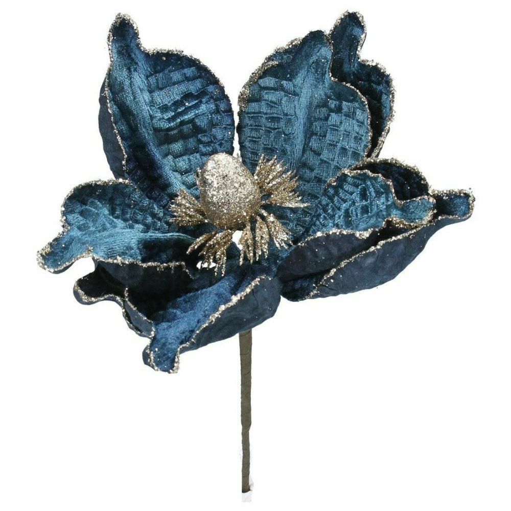 Gisela Graham 25cm Dark Blue and Gold Fabric Magnolia Pick